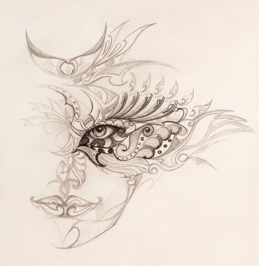 çiçek süsleme ile mistik kadın yüzü. Kağıt üzerinde renk efekti çizim. Göz teması.