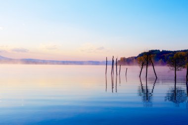 Mor tonlarda bir köstebeğin artıkları gibi mistik dağlarla ve ağaçlarla sabah sisli güzel göl manzarası..