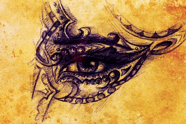 Woman eye with ornament, pen drawing, eye contact. Color effect and Computer collage. — Stock Photo, Image
