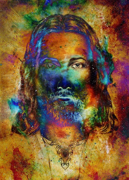 Jesus Cristo pintura com energia colorida radiante de luz, contato com os olhos . — Fotografia de Stock