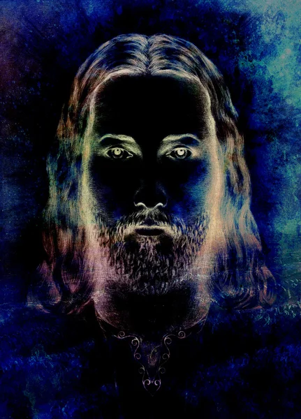 Strålande Jesus Kristus siluett på mörk bakgrund, ögonkontakt. — Stockfoto