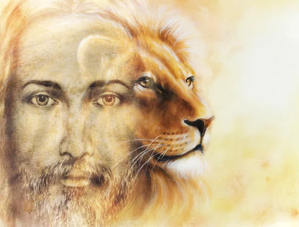 Painting of Jesus with a lion, on beautiful colorful background, eye contact and lion profile portrait. Royalty Free Stock Images