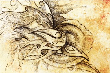 Süs çizim. Özgün el çizmek ve bilgisayar kolaj. Renk yapısı.