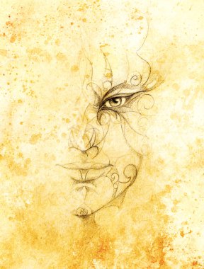 çiçek süsü ile mistik adam yüz. Kağıt üzerine çizim, Renk efekti. Göz teması.