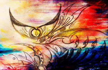 Süs çizim. Özgün el çizmek ve bilgisayar kolaj. Renk yapısı.