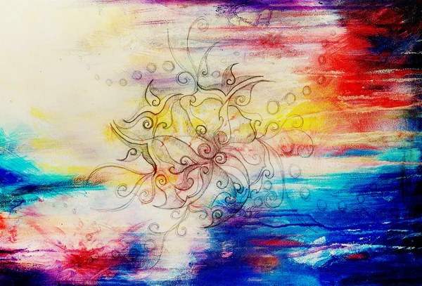 Καλλωπιστικά φιλιγκράν σχέδιο σε χαρτί με σπείρες, πέταλα λουλουδιών και φλόγα δομή μοτίβο, επίδραση χρώματος και κολάζ υπολογιστή. — Φωτογραφία Αρχείου