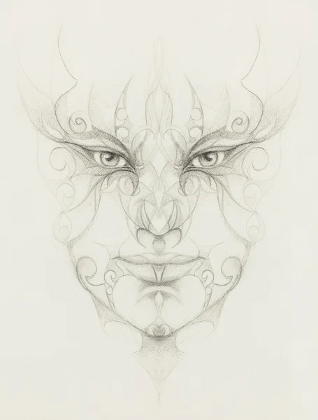 Visage d'homme mystique avec ornement floral. Dessin sur papier. Contact visuel . — Photo