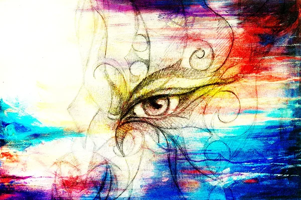 Mystic eye with floral ornament. Drawing on paper, Color effect. Eye contact. Computer collage. — Stock Photo, Image