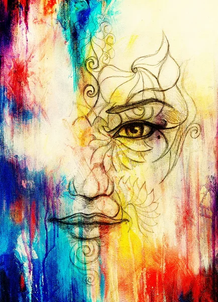 Mystic woman face with floral ornament. Drawing on paper, Color effect. Eye contact. Computer collage. — Stock Photo, Image