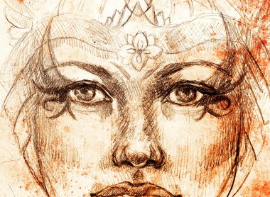 süs ile mistik kadın çizim, göz teması.