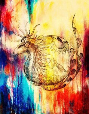 eski kağıt arka plan bilgisayar kolaj ve renk yapısı üzerinde süs hayvan ve güneş dağ ile çizim.