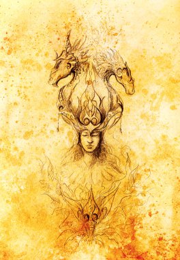 Mistik yangın ve süs ejderha, kağıt üzerinde kalem kroki, sepya ve vintage etkisi Adam.