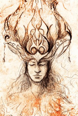 adam ve süs taç, kalem kroki üzerinde kağıt, Sepya ve vintage etkisi.