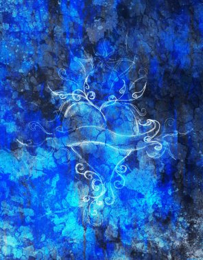 Kalp ve kurdele ile süsleme, özgün çizim, eskiz kağıt kalem. Çöl crackle arka plan.