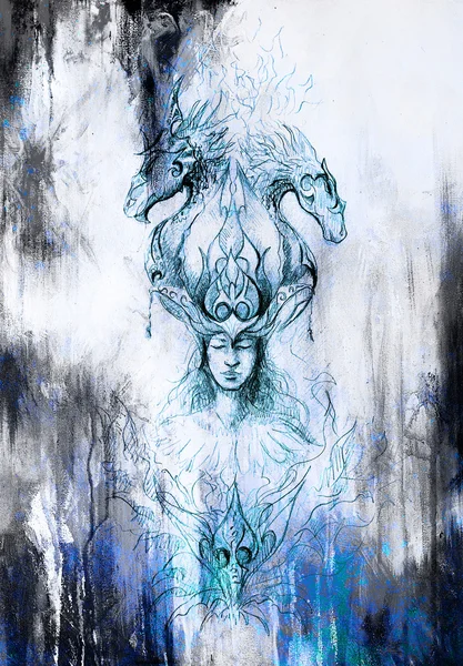 Homem em fogo místico e dragões ornamentais, esboço a lápis sobre papel, efeito vinter azul . — Fotografia de Stock