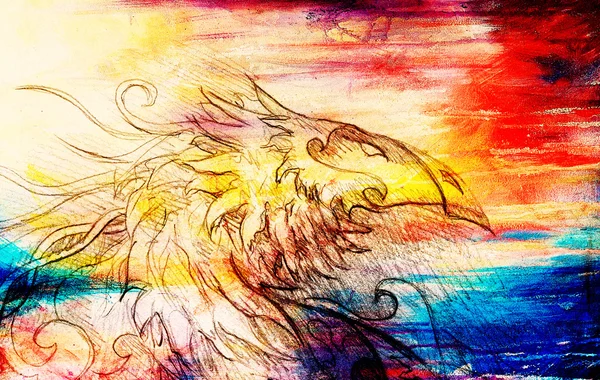 Drawing of ornamental dragon on old paper background computer collage. and color structure. — Stock Photo, Image