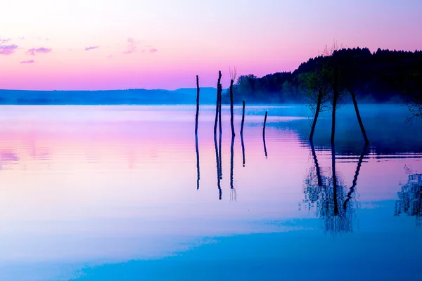 Gyönyörű táj, ahol egy tó és hegyek a háttérben, és a víz a fák. Kék és lila színű árnyalattól. — Stock Fotó