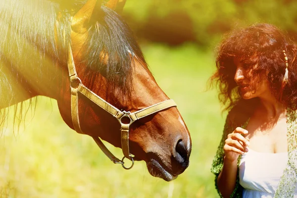 Lány a fehér ruhában, beszél egy barna ló a réten. — Stock Fotó