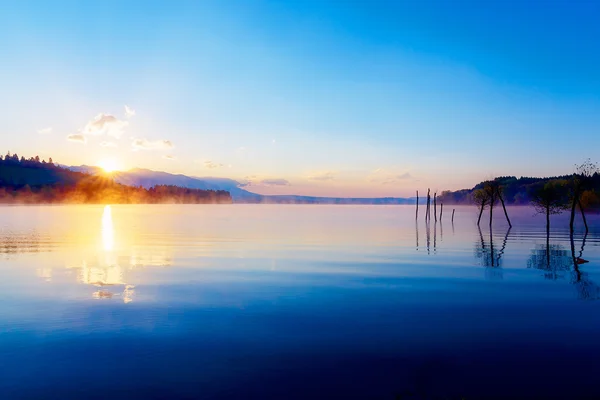 Красивый вид на озеро в утреннем тумане с мистическими горами и деревьями, как остатки родинки в золотом, фиолетовом - синем тонах . — стоковое фото