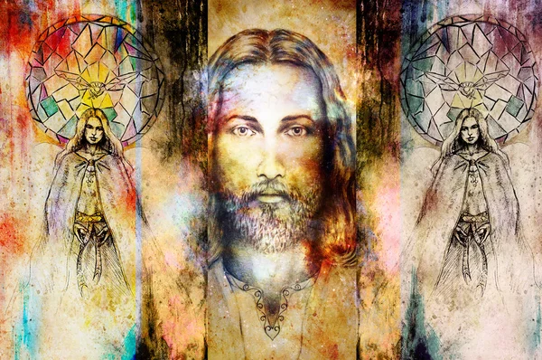 Jesus och vacker ängel varelse med duva och kvist, andlig uppfattning. Jesus ansikte i kosmisk rymd. — Stockfoto
