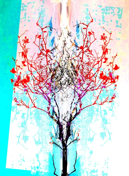 Árbol ornamental sobre fondo colorido, collage computador . — Foto de Stock