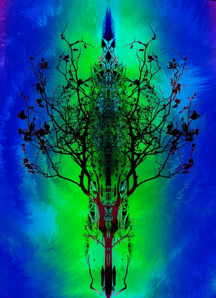 Орнаментальне дерево на барвистому фоні, колаж обчислювача . — стокове фото
