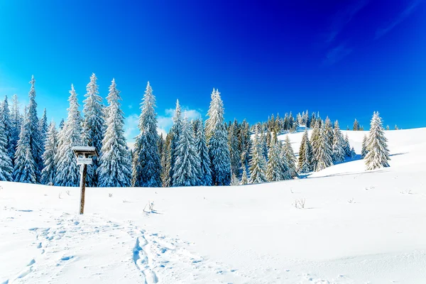 Gyönyörű hegyi havas táj és turisztikai úticél jel. — Stock Fotó