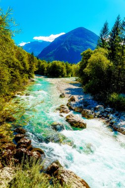 Dağlarda güzel turkuaz su ile nehirler. Slovenya 'da Soca Nehri.