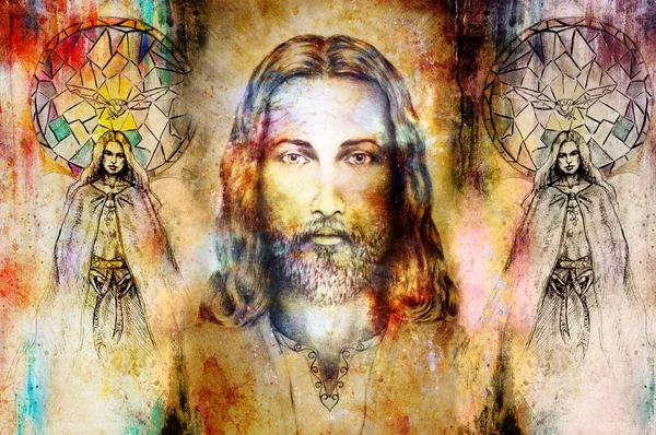 Jesus og den vakre engelen er med duer og duer, åndelig konsept. Jesus ansikt i kosmisk rom. – stockfoto