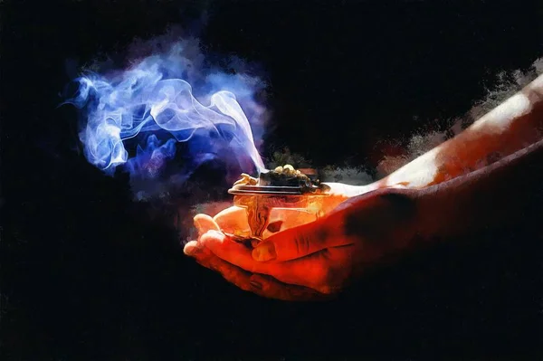 Rökelse i en kvinnas hand, rökelse rök, målning effekt. — Stockfoto