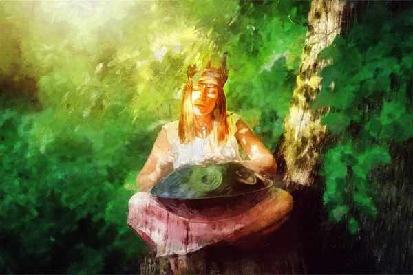 Belle femme jouant avec hangdrum dans la nature. effet peinture. — Photo