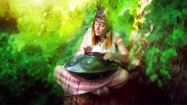 Beautiful woman playing with hangdrum in nature. painting effect. — Stock Video