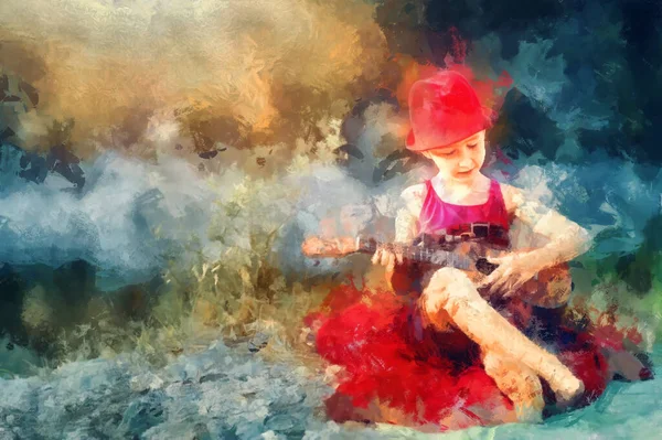 Bambina seduta sulla coperta e giocare ukulele, effetto pittura. — Foto Stock