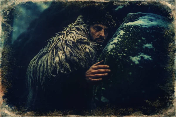 Shamanic man in the nature, winter landscape. — Stock Photo, Image