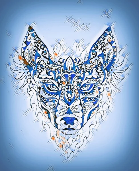 ornamental painting of wolf, sacred animal, eye contct.