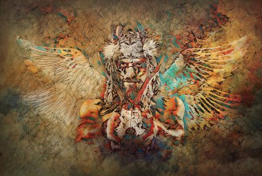 Saç bandı ve geyik kafatasına sahip güzel bir şaman..