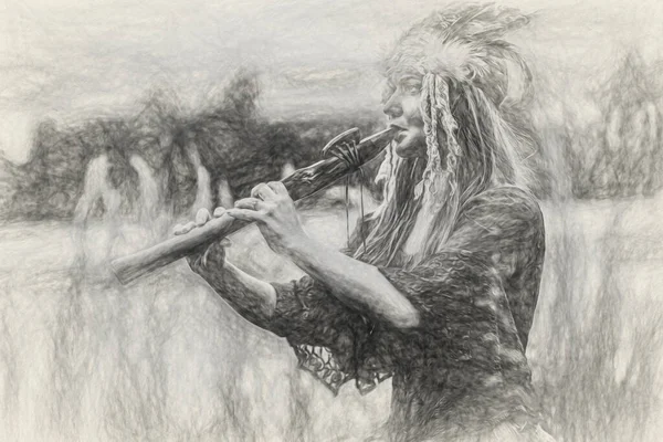 beautiful shamanic girl playing on shaman flute in the nature.