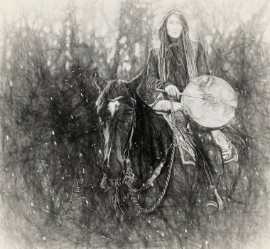 Atı ve şamanik trampeti olan genç rastalı kız..