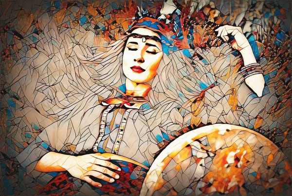 Beautiful shamanic girl with shaman frame drum in the nature. — Stock Photo, Image