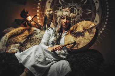 İç kısımlarında baykuş olan güzel bir şaman kadın..