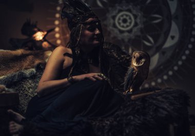 İç kısımlarında baykuş olan güzel bir şaman kadın..