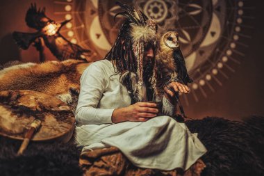 İç kısımlarında baykuş olan güzel bir şaman kadın..