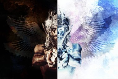 Saç bandı ve geyik kafatasına sahip güzel bir şaman..