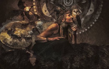 İç kısımlarda güzel bir şaman kadın. Resim efekti.