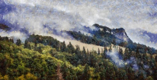 Beautiful morning mountains in fog. Painting effect.