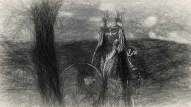 Şaman çerçeveli davul çalan güzel bir şaman kız..