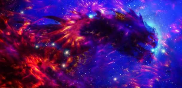 Dragón cósmico en el espacio y las estrellas, fondo cósmico abstracto azul y rojo. Efecto fuego — Vídeo de stock