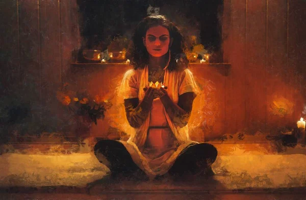 Beautiful meditating woman with candles in her hand. Painting effect. — Stock Photo, Image