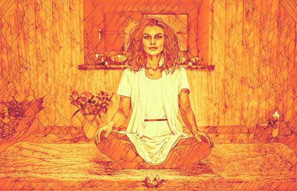Gyönyörű meditáló nő, gyönyörű belső terekkel. Festési hatás. — Stock Fotó