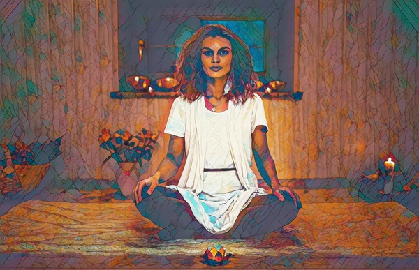 Bella donna meditante in bellissimi interni. Effetto pittura. — Foto Stock